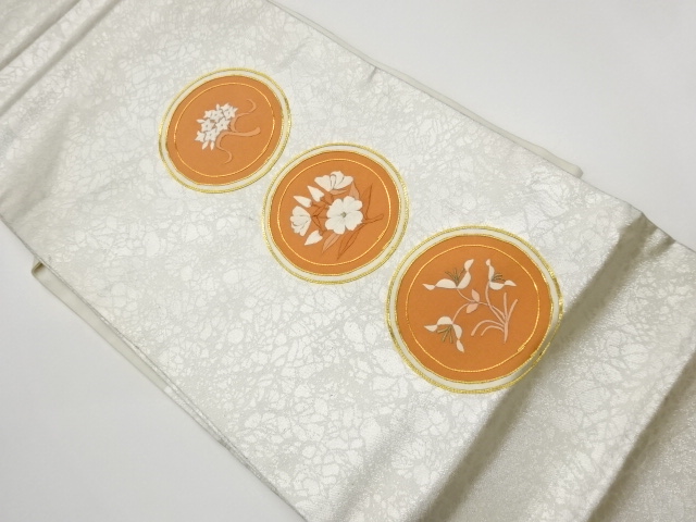 JAPANESE KIMONO / VINTAGE NAGOYA OBI / EMBROIDERY / FLOWERS & ROUNDEL